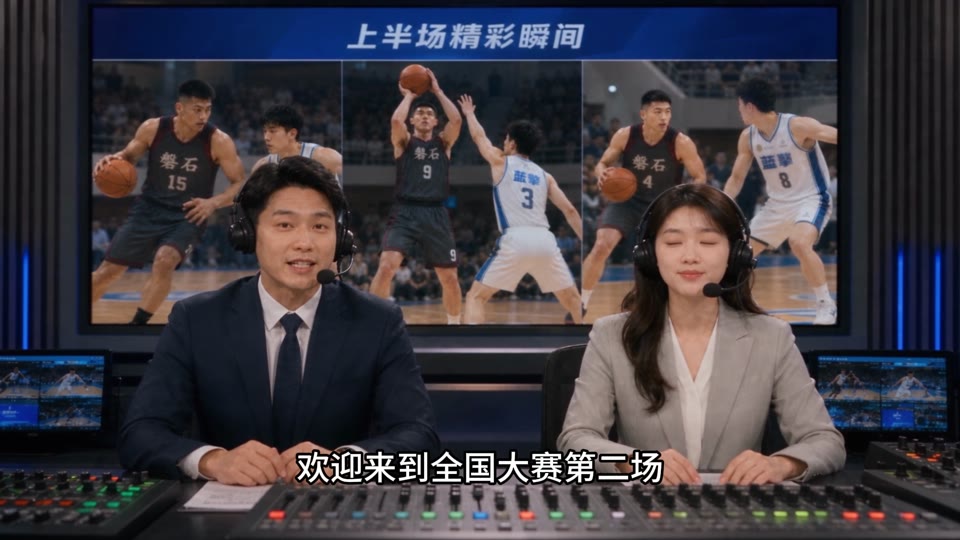 篮球赛事演播室的播报画面